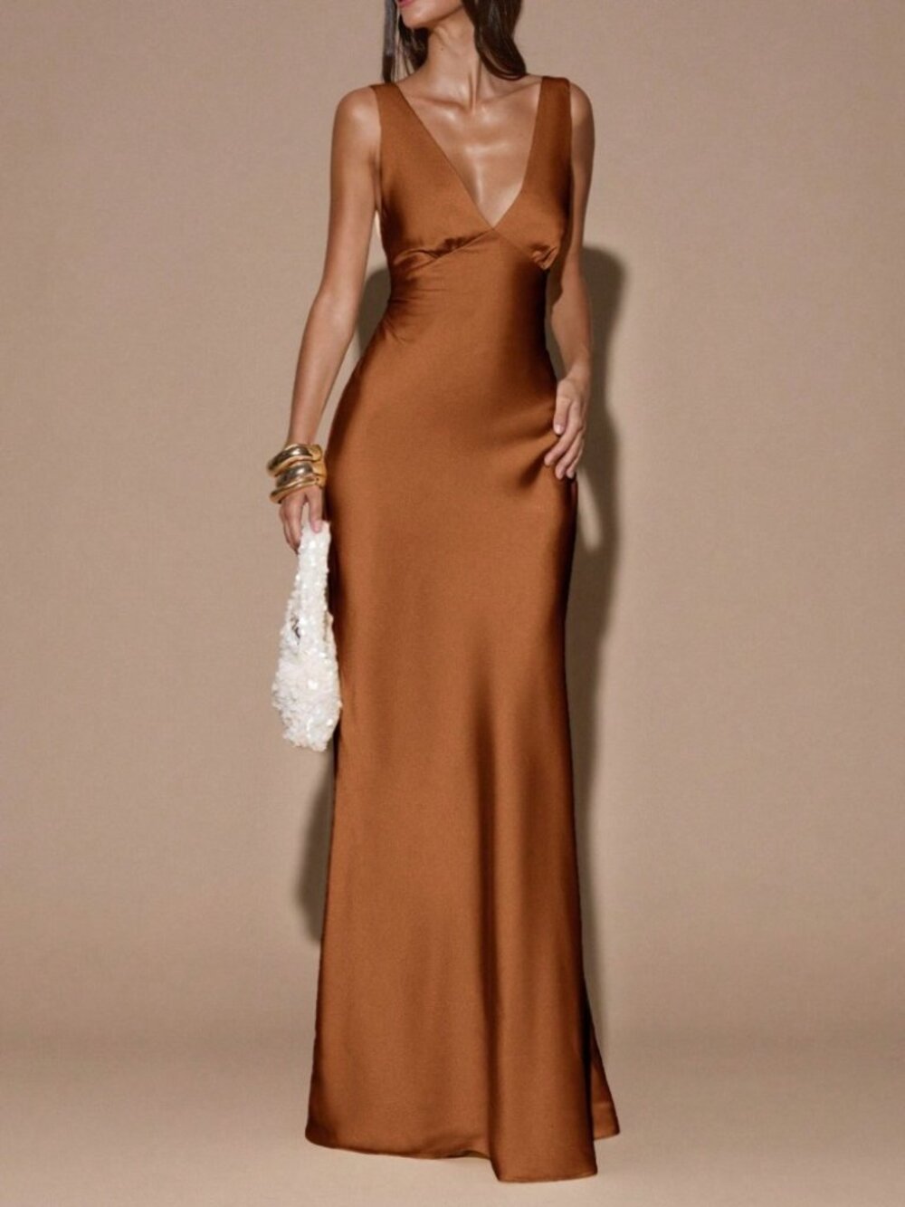 Cognac Warm Brown Satin Deep V-Neck Maxi Dress